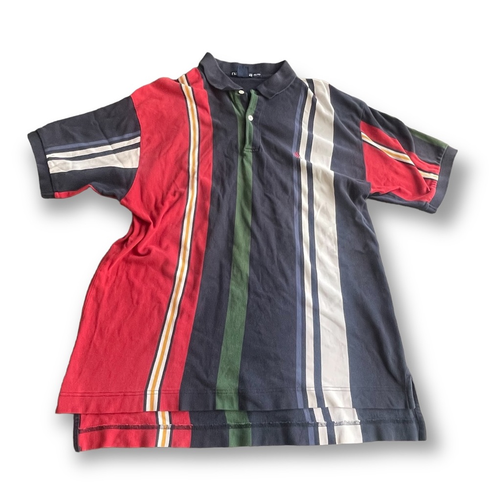 Vtg 90s. Nautica Navy/Red/Green Vertical Stripe Polo Sz XL
